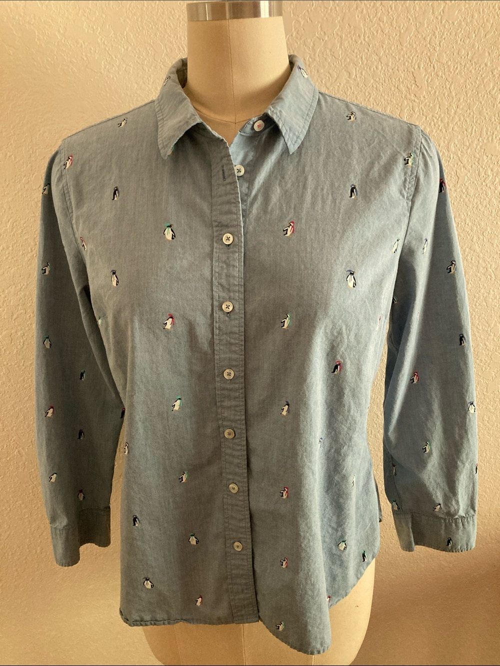 Talbots Light Blue Button-Down Shirt with Whimsical Penguin Motif - Picture 2 of 9